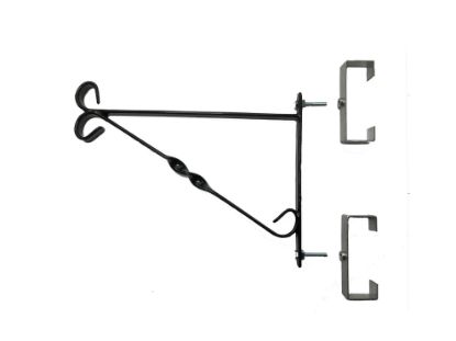 Picture of 2 Clinch-It 10" black hanging basket/shelf brackets with 4" stainless-steel Clinch-It slotted concrete fence-post brackets