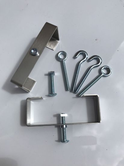 Picture of 2 Stainless-Steel Clinch-It brackets for 4" (102mm) Slotted Concrete Fence Posts with Screw, Hook and Eye Bolts